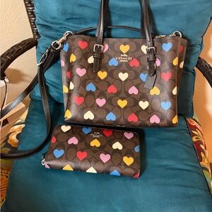 Coach Brown Multicolor Heart Print Tote and Wallet Set